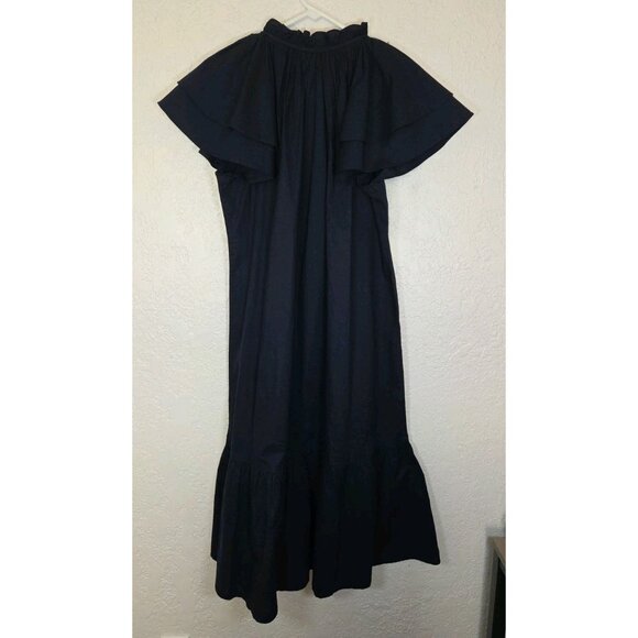 Chico's Size 1 Medium Blue Tiered Flutter Sleeve Midi-Length Ruffle V-Neck - Picture 6 of 7